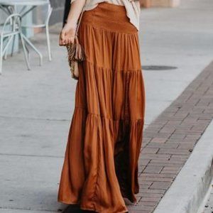 NWT Vici Hocus Pocus Smocked Tiered Maxi Skirt Medium Caramel Tan Boho Midi Dres